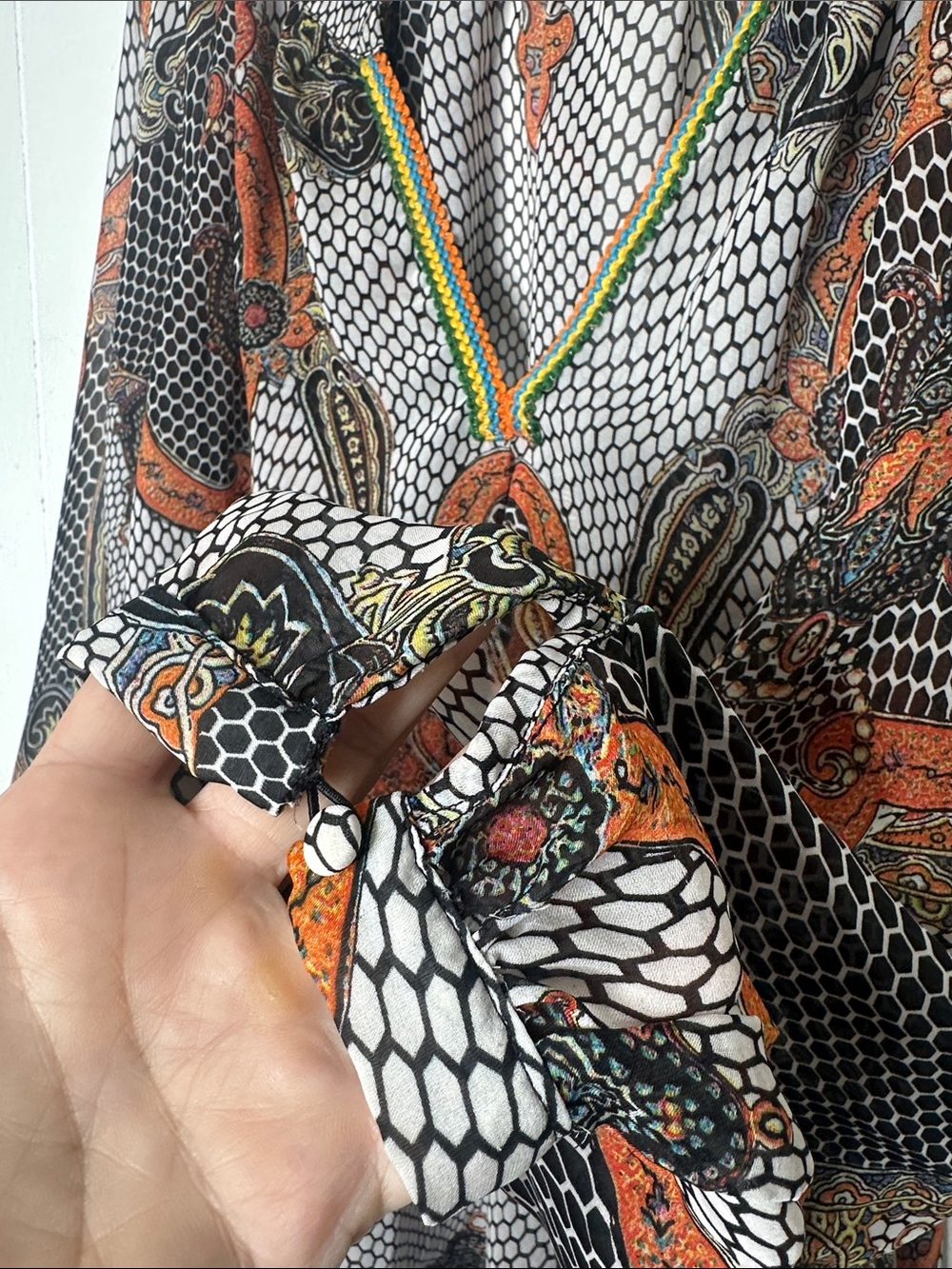 Sheer Paisley V-Neck Blouse in Orange and Black - Picture 5 of 6